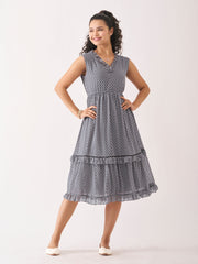 Grey Chiffon Brasso Swiss Dot V-Neck Dress