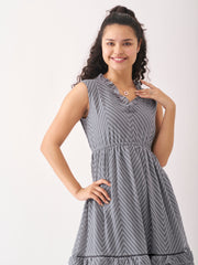 Grey Chiffon Brasso Swiss Dot V-Neck Dress