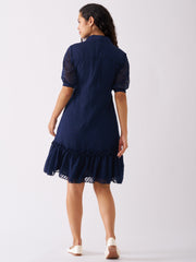 Navy Blue Chiffon Brasso Swiss Dot Point Collar Dress