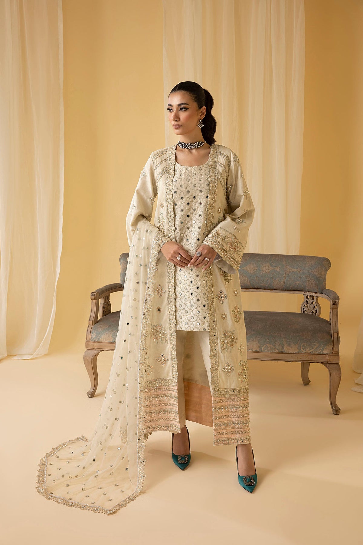 Cream Raw Silk Mirror Work Outfit with shirt jacket Pant and Dupatta