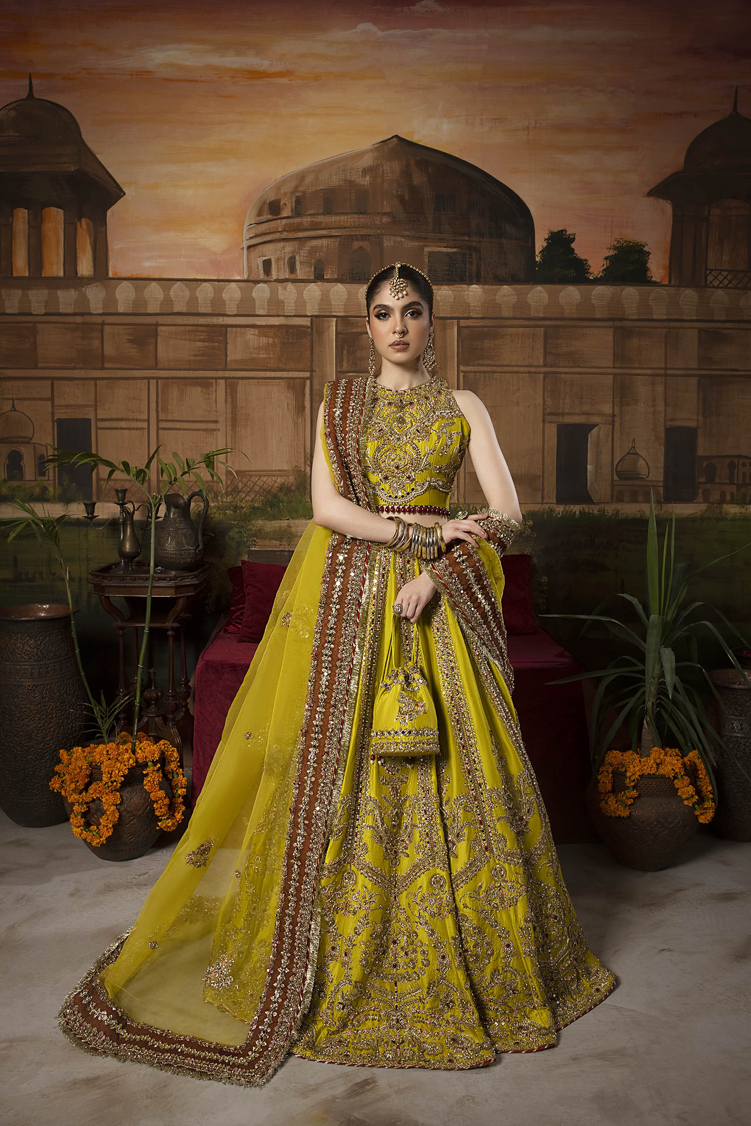 Mustard Colored Raw Silk Embroidered Ready to Wear Indian Traditional Lehenga Choli For Women