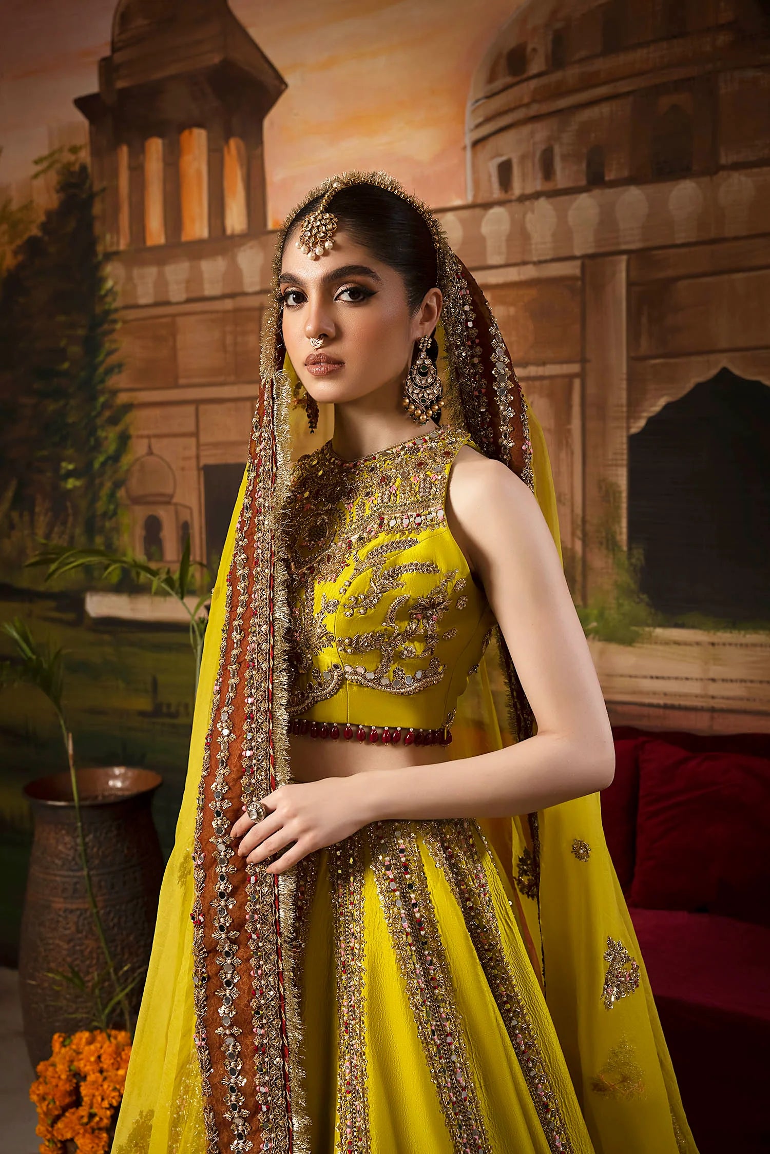 Mustard Colored Raw Silk Embroidered Ready to Wear Indian Traditional Lehenga Choli For Women