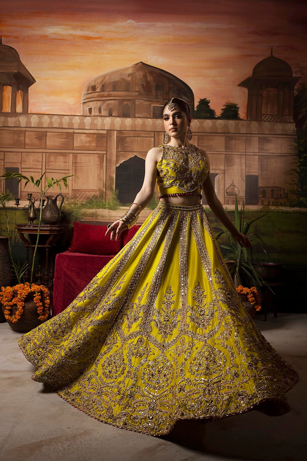 Mustard Colored Raw Silk Embroidered Ready to Wear Indian Traditional Lehenga Choli For Women