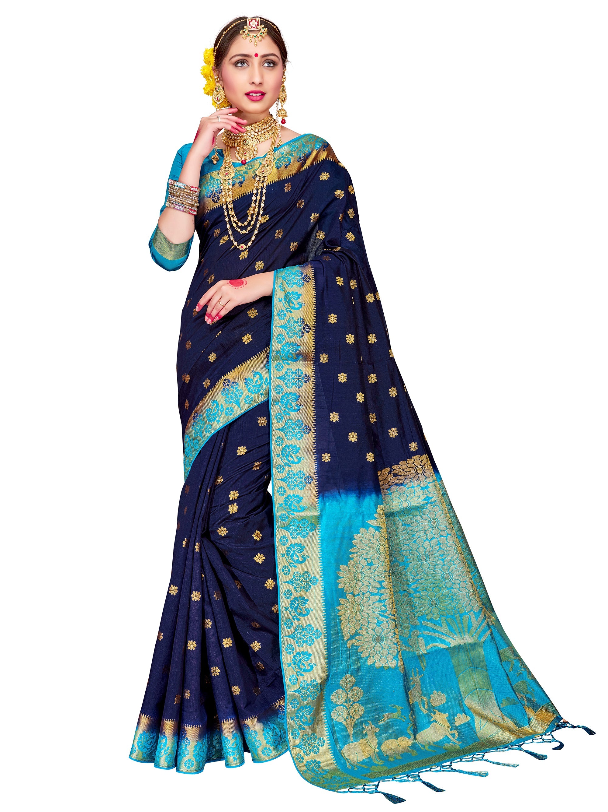 Navy Blue Banarasi Art Silk Woven Saree