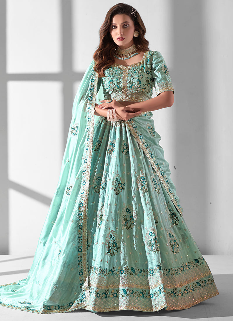 Sky Blue Organza Sequins Embroidered Lehenga Choli