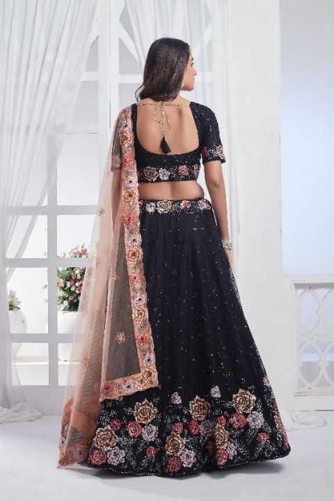 Black Net Sequins Embroidered Lehenga Choli