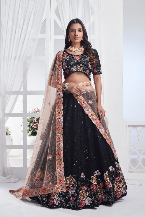 Black Net Sequins Embroidered Lehenga Choli