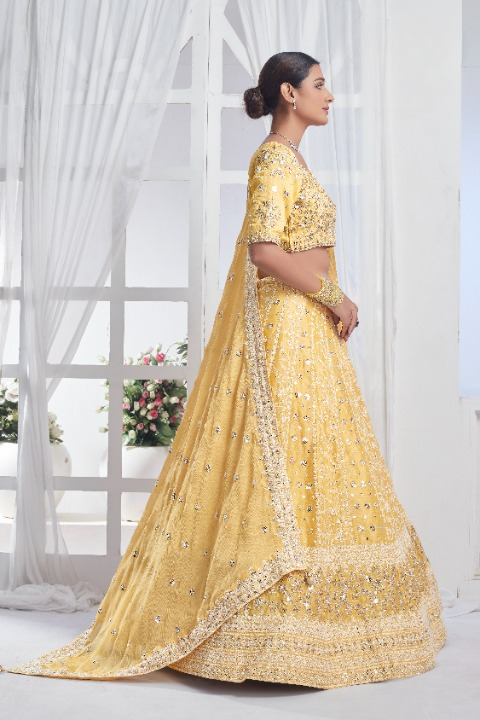 Yellow Chiffon Sequins Embroidered Lehenga Choli