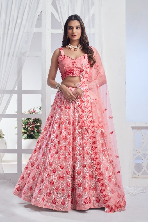 Peach Net Sequins Embroidered Lehenga Choli