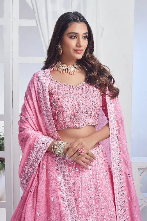 Baby Pink Chiffon Sequins Embroidered Lehenga Choli