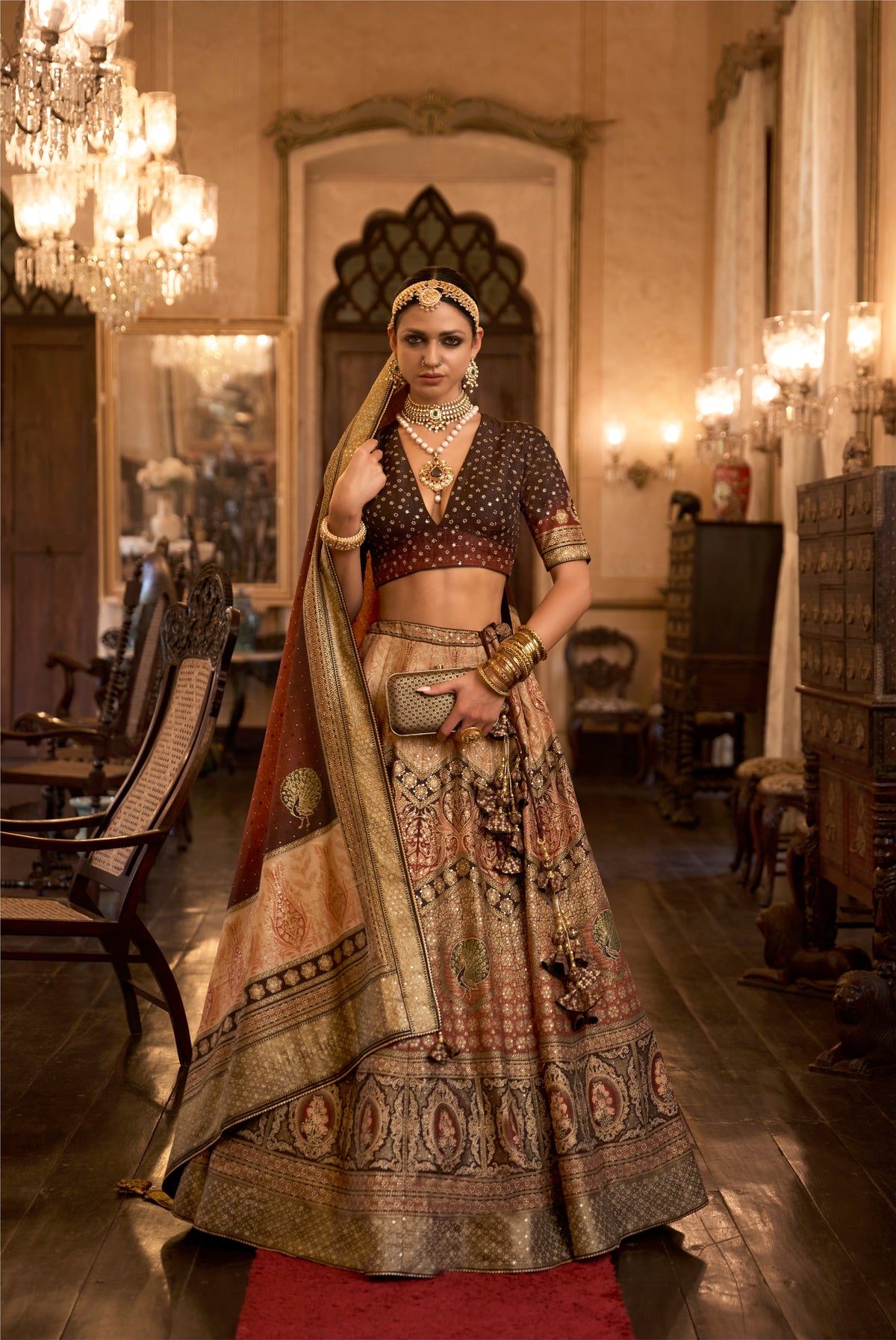 Brown Colored Silk Sparkle Work Traditional Lehenga Choli For Women