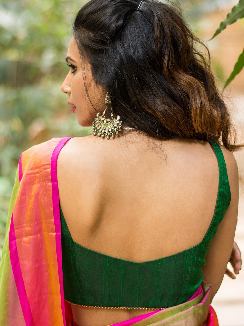 Green Raw Silk Sleeveless Solid Blouse