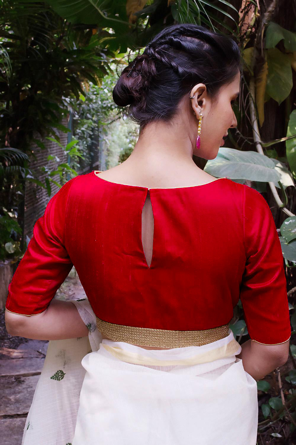 Red Raw Silk Half Sleeve Solid Blouse