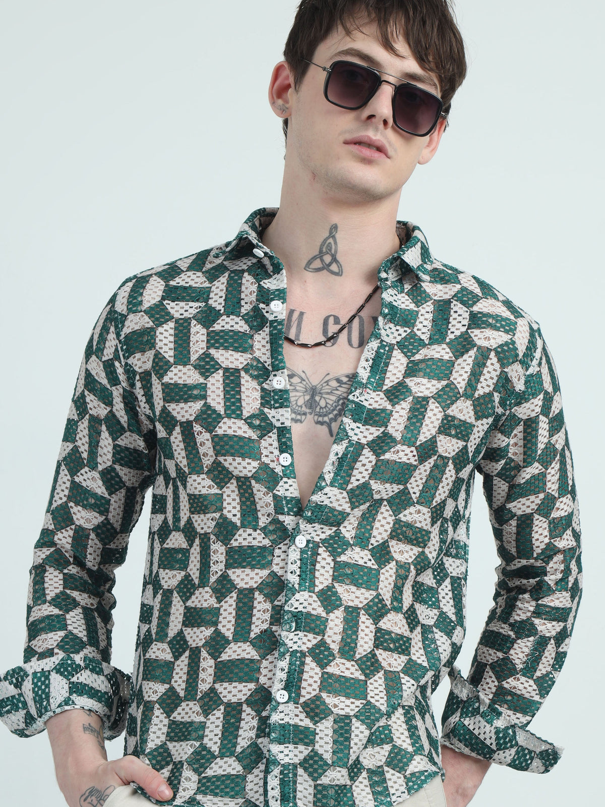 Green-Blue Cotton Crochet Knitted  Full Sleeves Regular Shirt