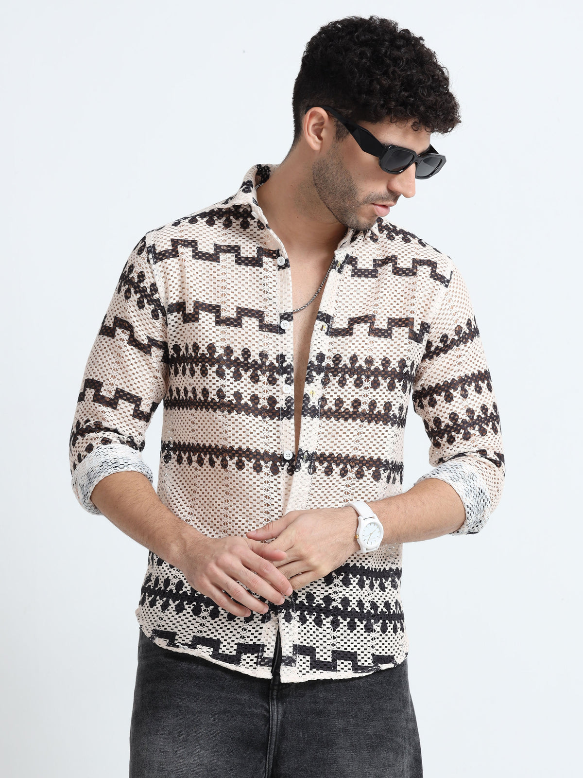 White-Black Cotton Crochet Knitted  Full Sleeves Regular Shirt