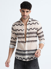 White-Black Cotton Crochet Knitted  Full Sleeves Regular Shirt