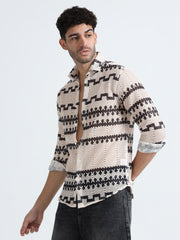 White-Black Cotton Crochet Knitted  Full Sleeves Regular Shirt