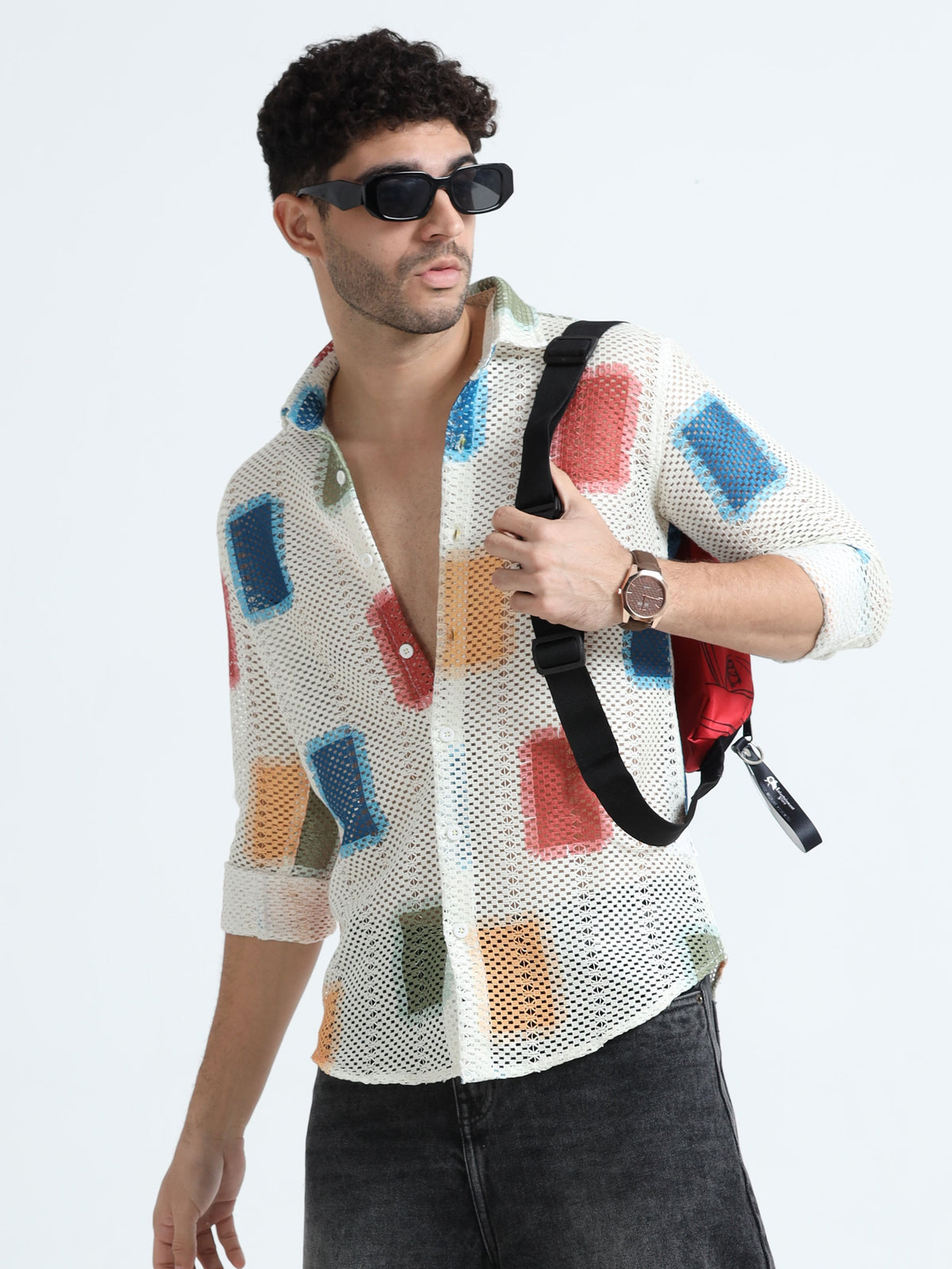 White-Multi Cotton Crochet Knitted  Full Sleeves Regular Shirt