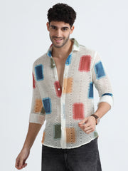 White-Multi Cotton Crochet Knitted  Full Sleeves Regular Shirt