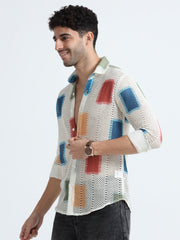 White-Multi Cotton Crochet Knitted  Full Sleeves Regular Shirt