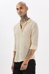 Cream Crochet Cotton  Full Sleeves Regular Shirts