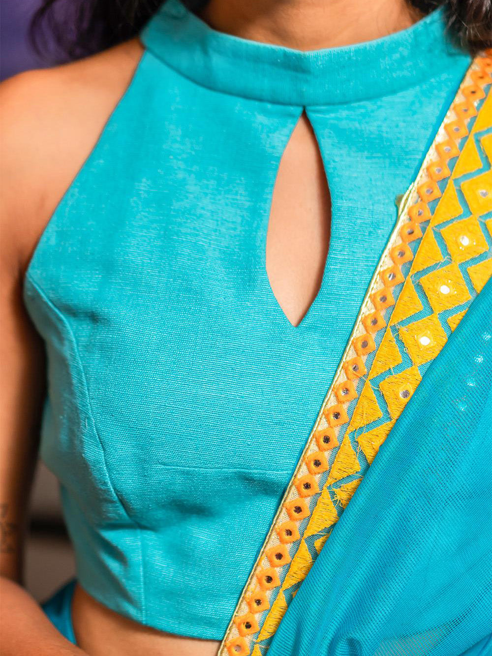 Turquoise Raw Silk Sleeveless Solid Blouse