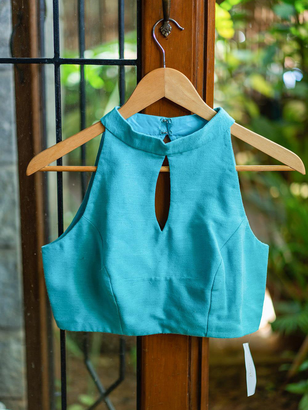 Turquoise Raw Silk Sleeveless Solid Blouse