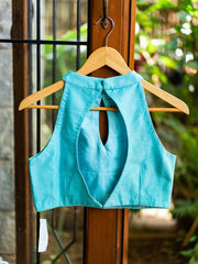 Turquoise Raw Silk Sleeveless Solid Blouse