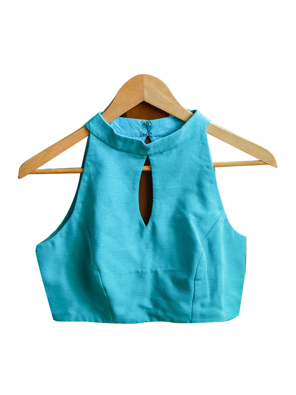 Turquoise Raw Silk Sleeveless Solid Blouse