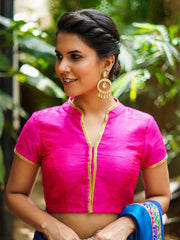 Pink Raw Silk Short Sleeve Solid Blouse