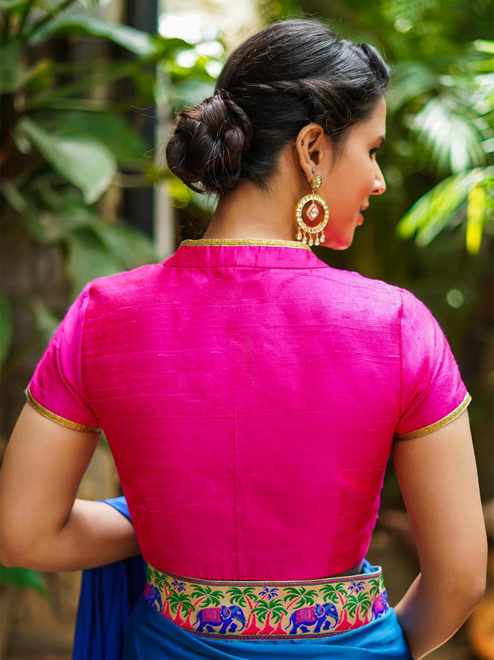 Pink Raw Silk Short Sleeve Solid Blouse