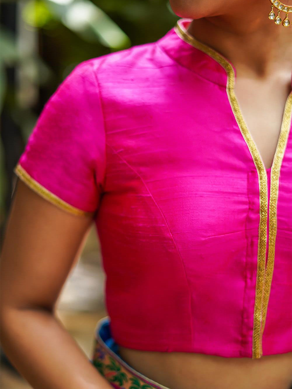 Pink Raw Silk Short Sleeve Solid Blouse