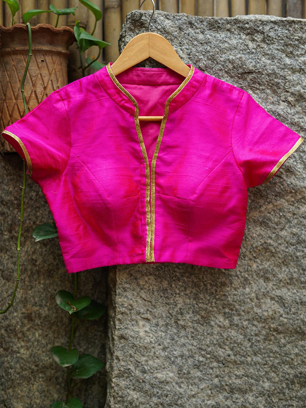 Pink Raw Silk Short Sleeve Solid Blouse