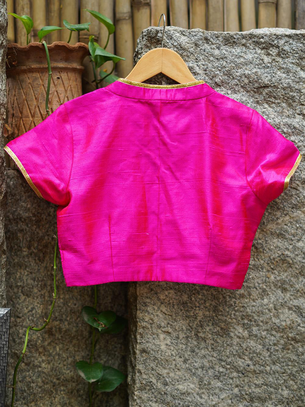 Pink Raw Silk Short Sleeve Solid Blouse