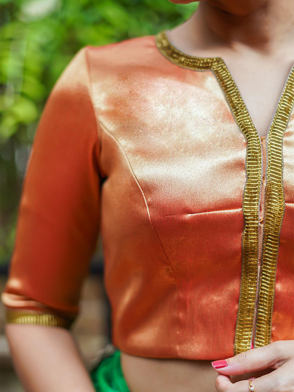 Orange Raw Silk Short Sleeve Solid Blouse