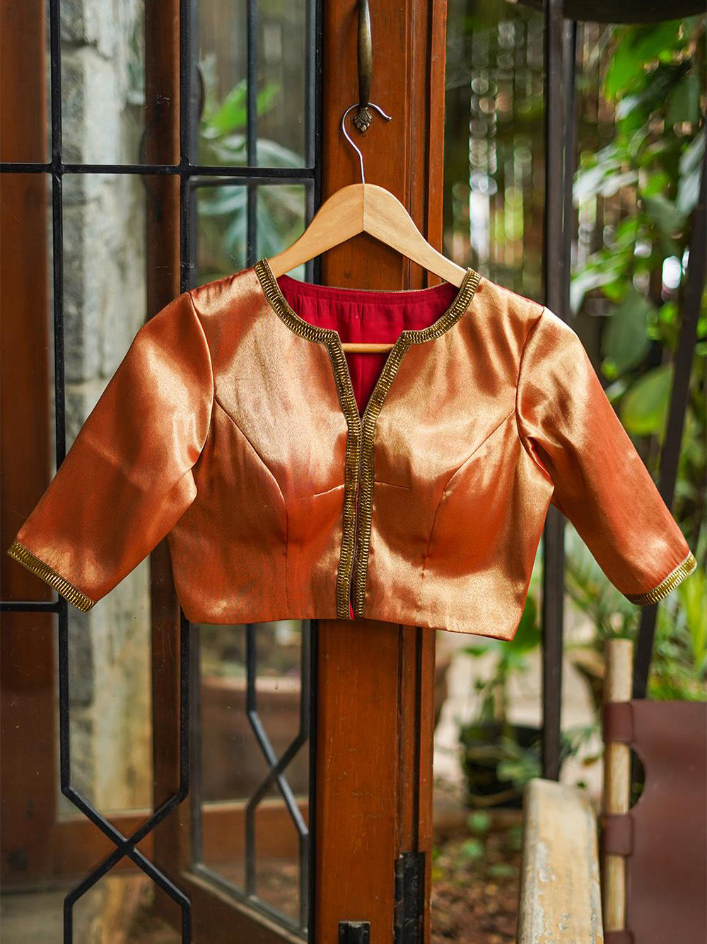 Orange Raw Silk Short Sleeve Solid Blouse