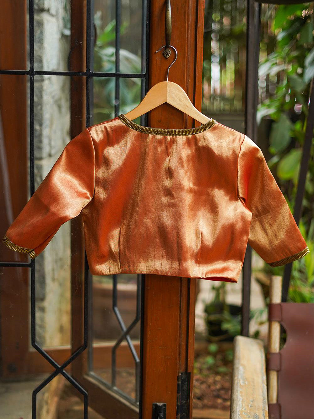 Orange Raw Silk Short Sleeve Solid Blouse