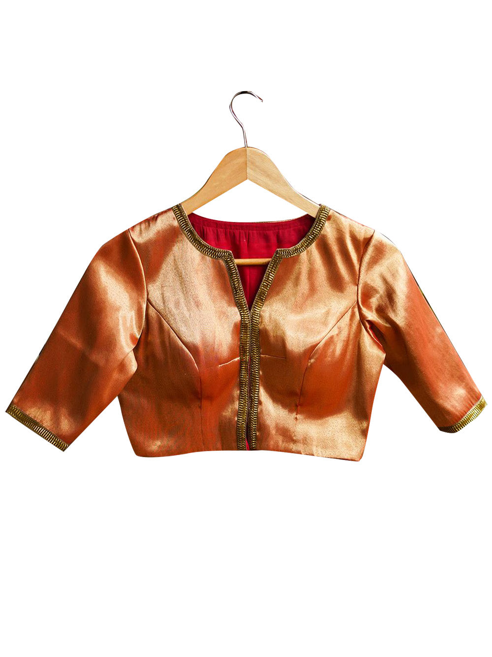 Orange Raw Silk Short Sleeve Solid Blouse