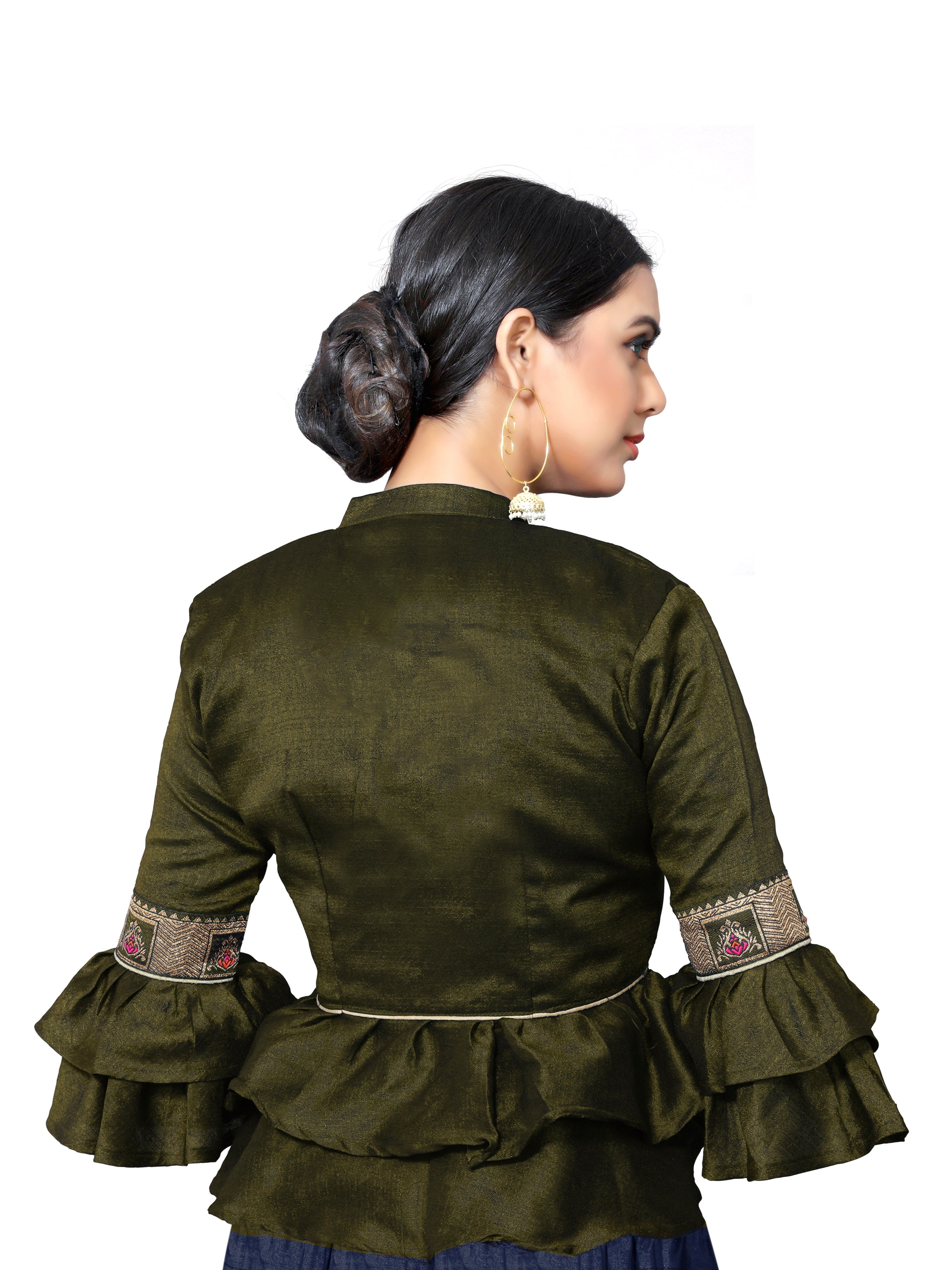 Olive Green Banglori Silk 3/4 Sleeve Solid Blouse