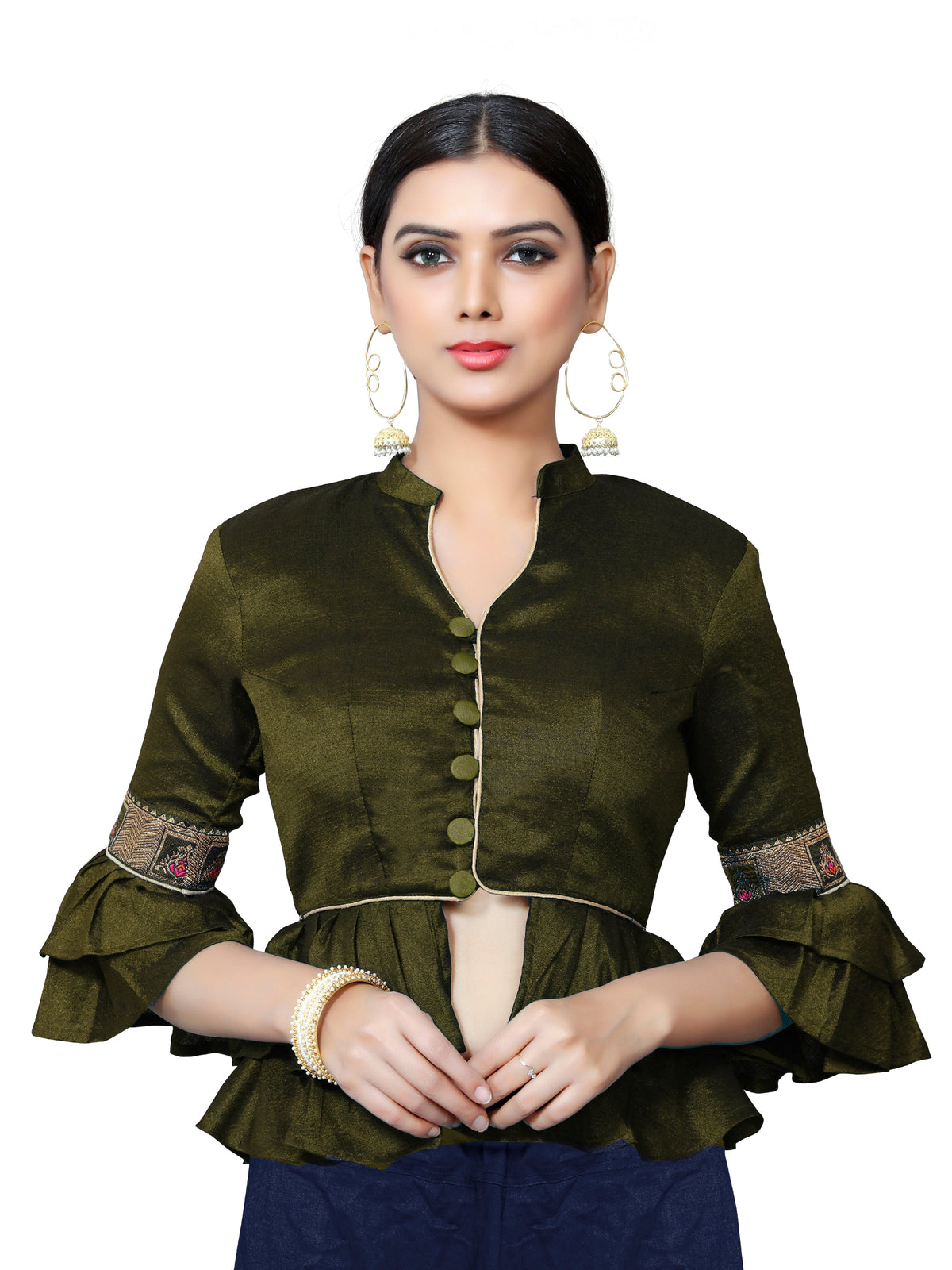 Olive Green Banglori Silk 3/4 Sleeve Solid Blouse