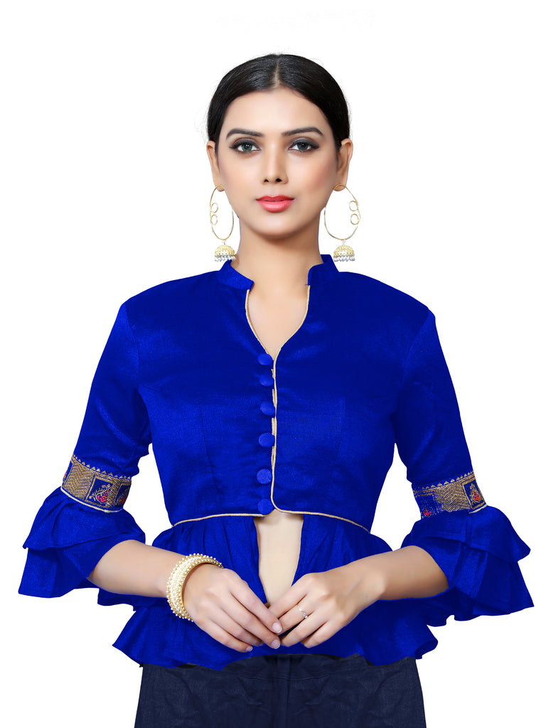Readymade Royal Blue Banglori Silk 3/4 Sleeve Solid Blouse