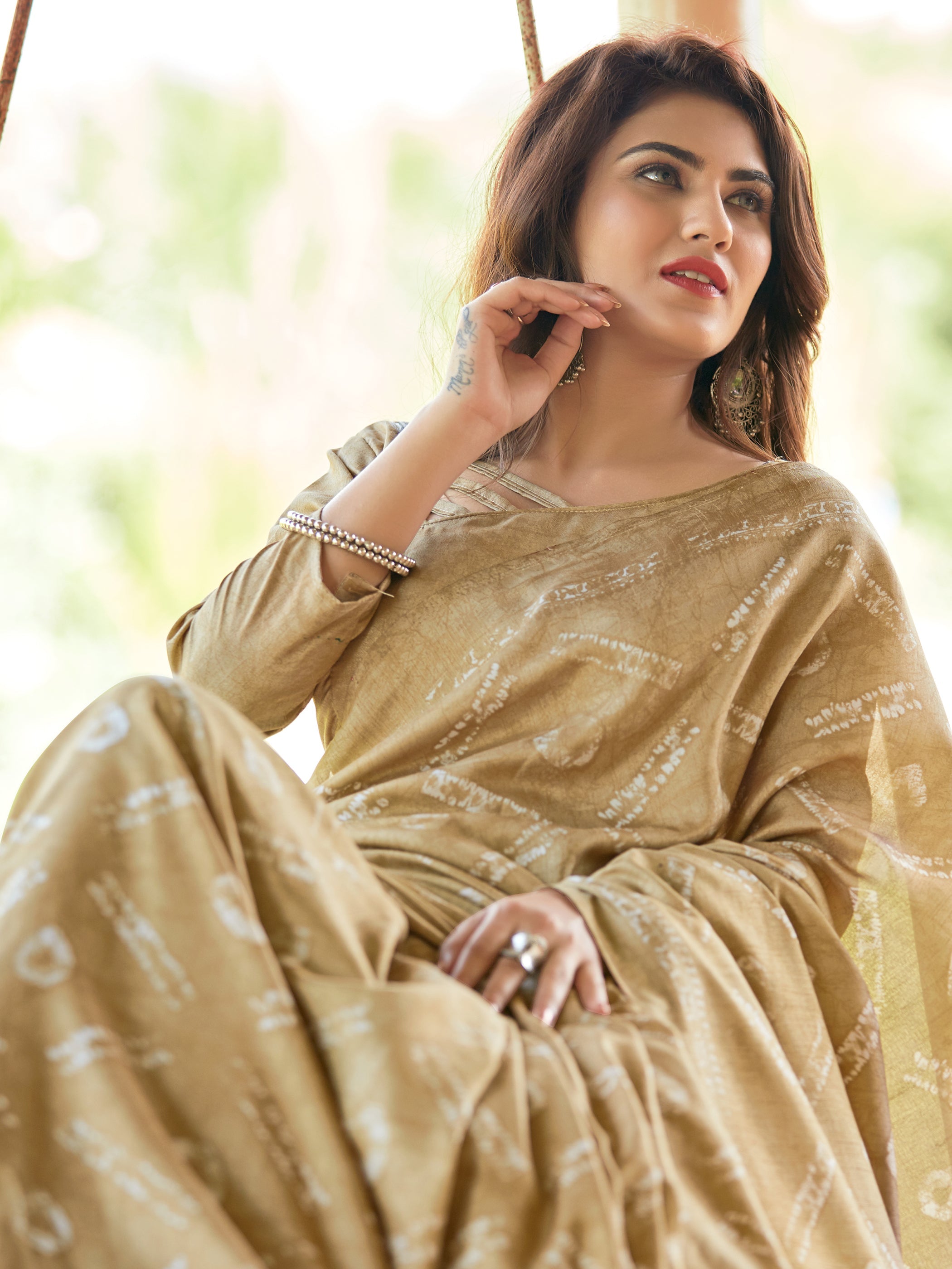 Beige Cotton Art Silk Printed Saree