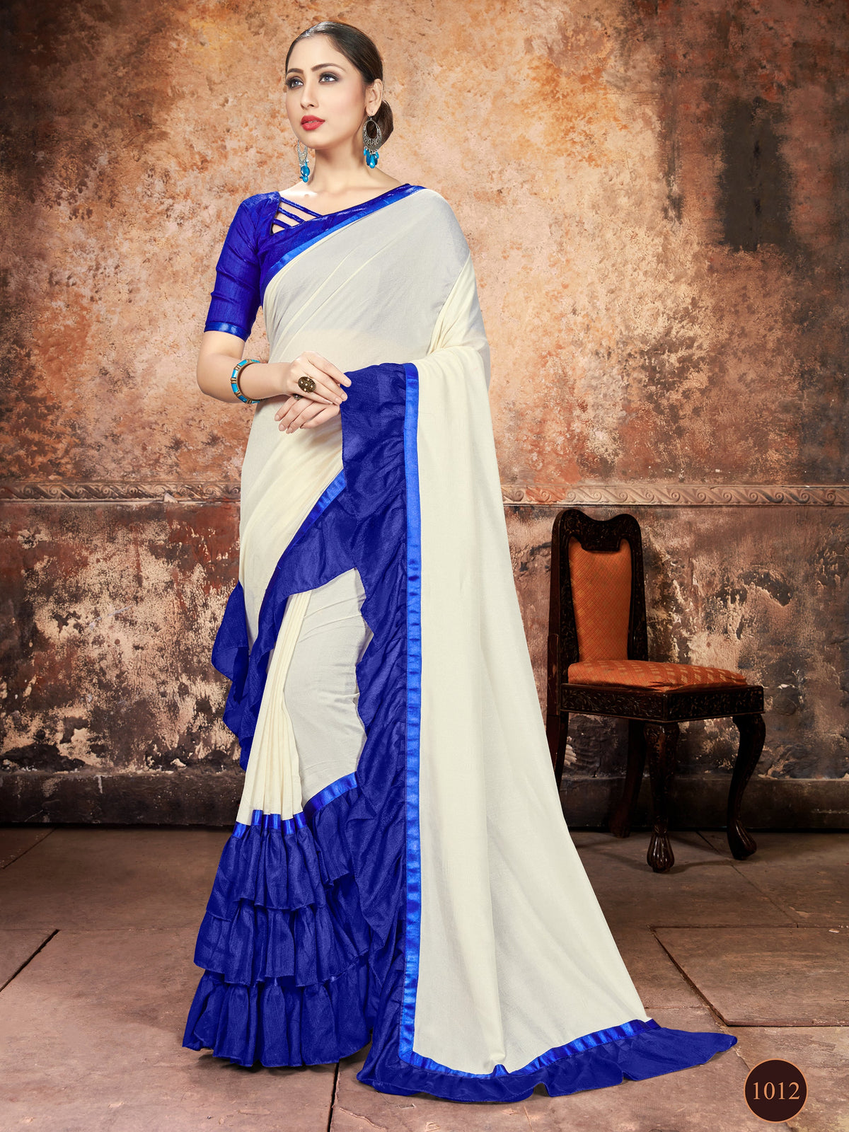 Off White Georgette Ruffle Frill Saree