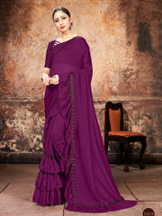 Wine Georgette Ruffle Frill Saree