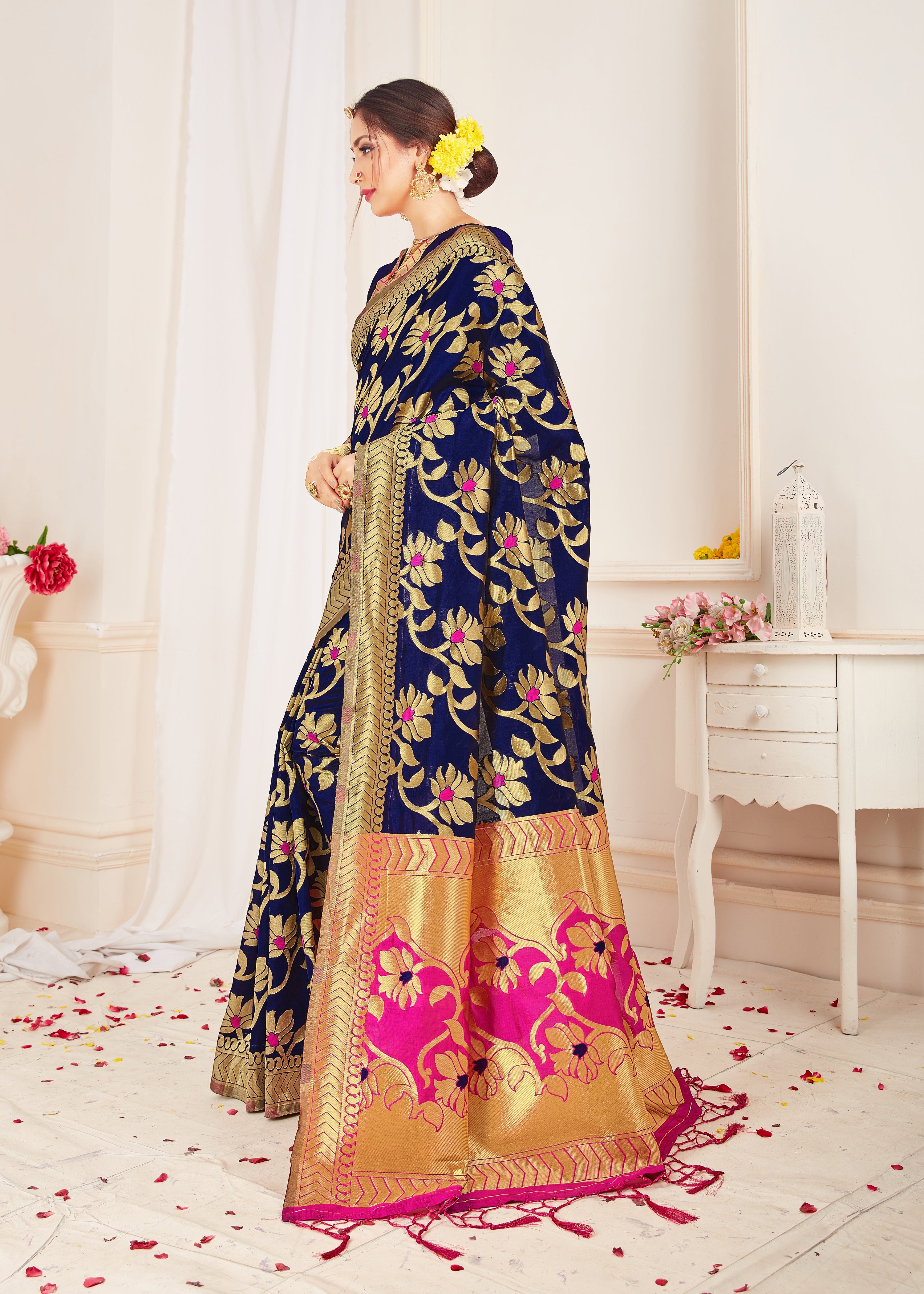 Navy Blue Banarasi Art Silk Woven Saree