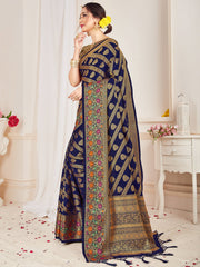 Navy Blue Banarasi Art Silk Woven Saree