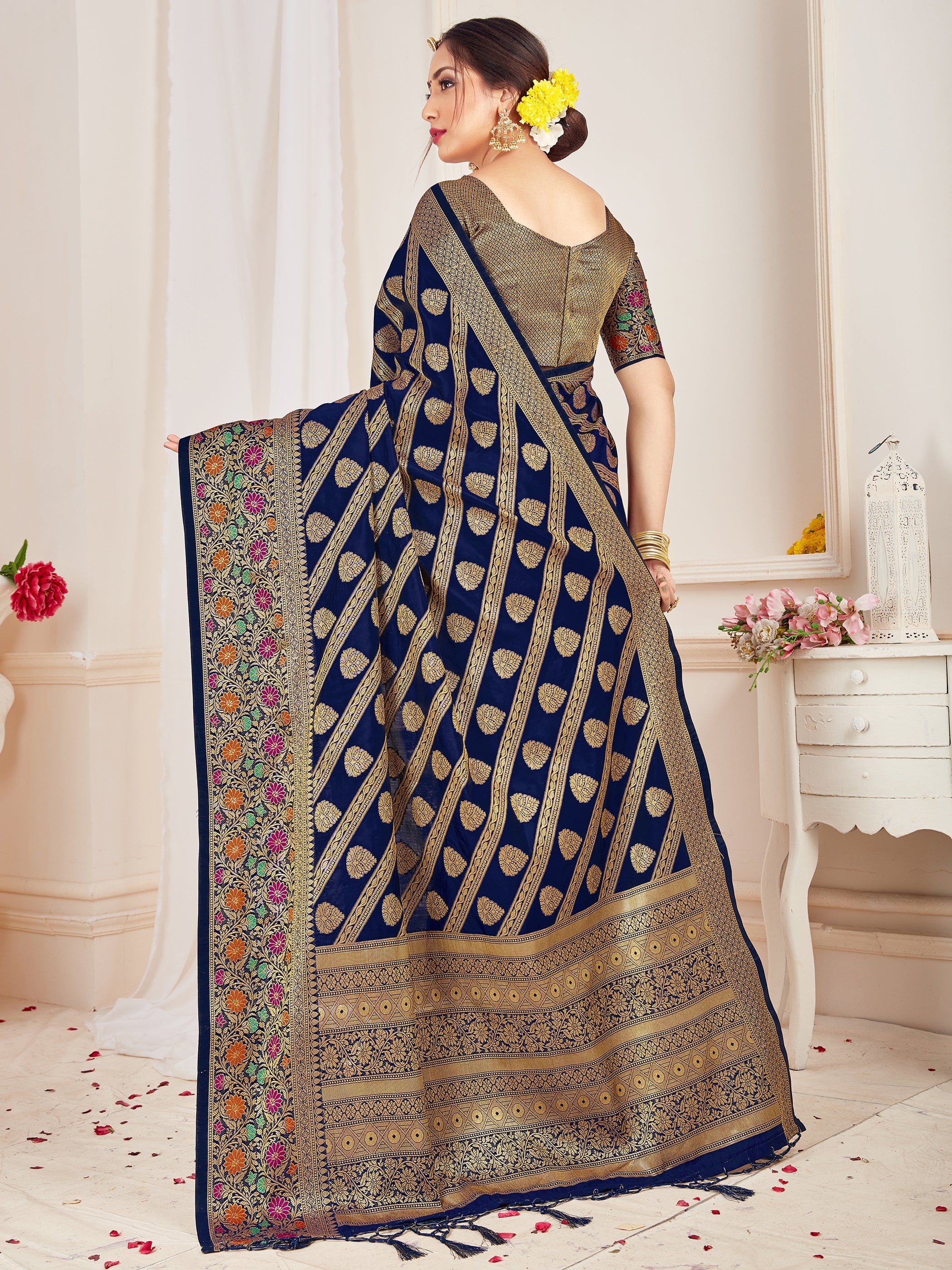 Navy Blue Banarasi Art Silk Woven Saree