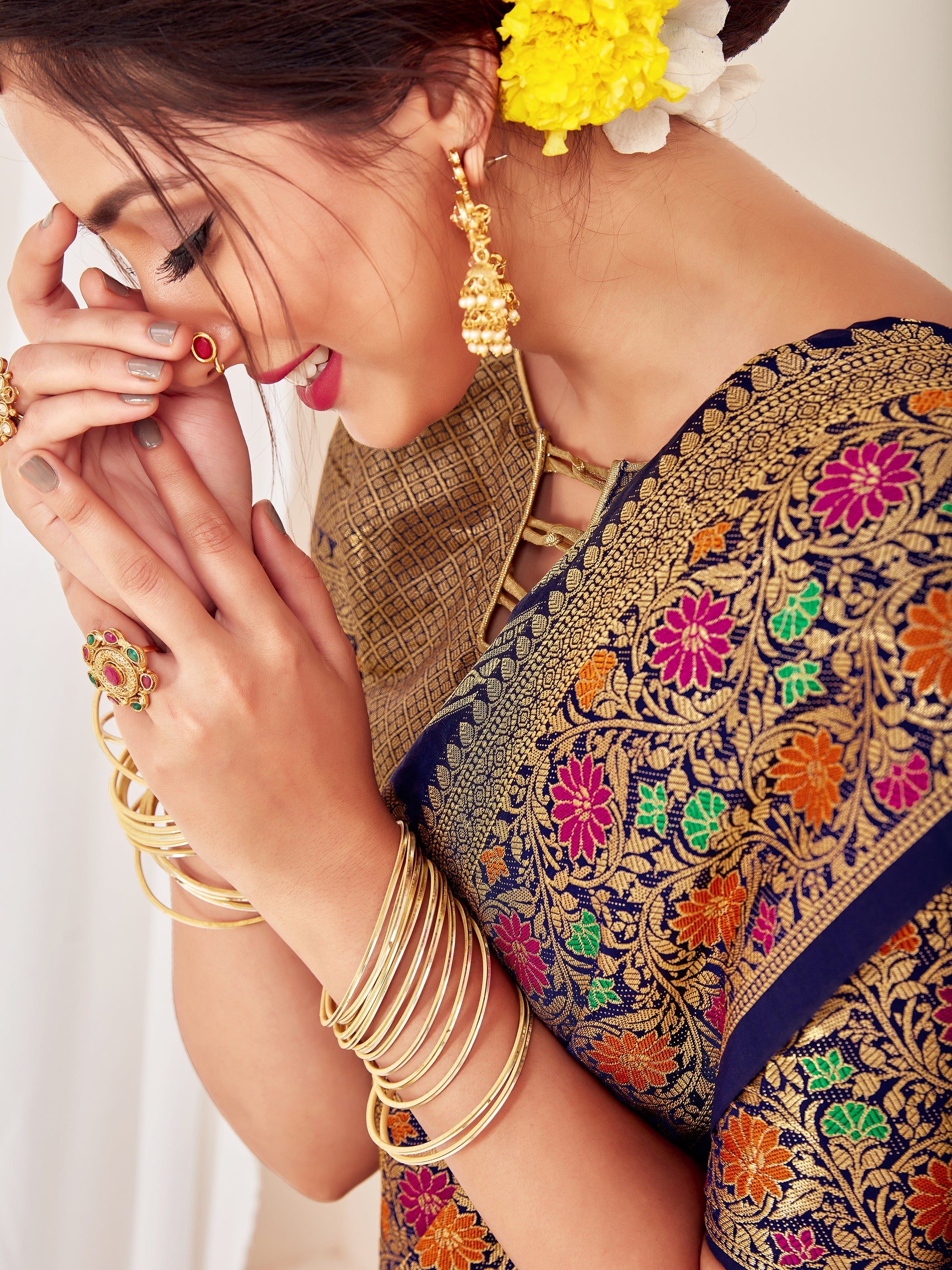 Navy Blue Banarasi Art Silk Woven Saree