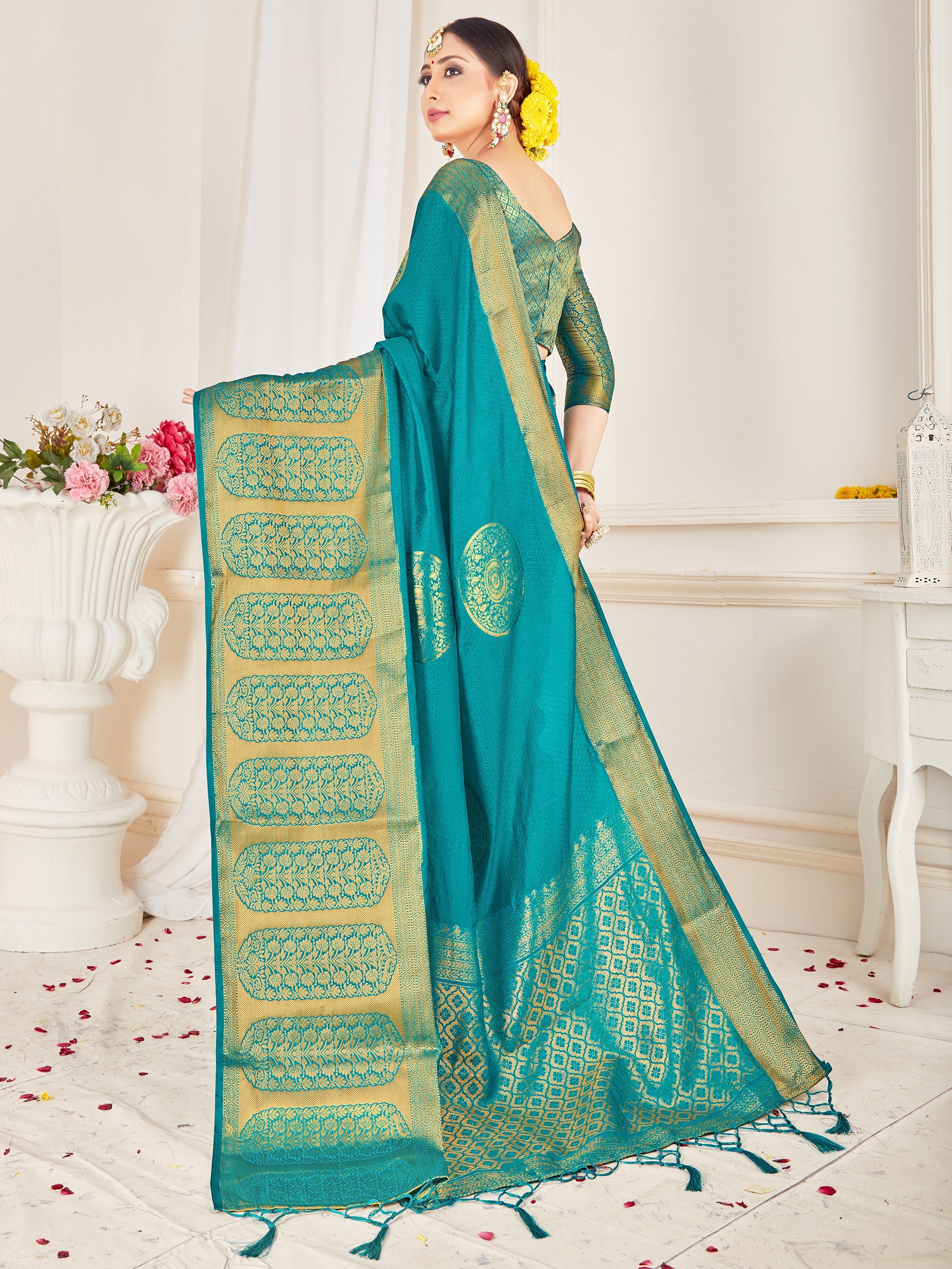 Teal Banarasi Art Silk Woven Saree