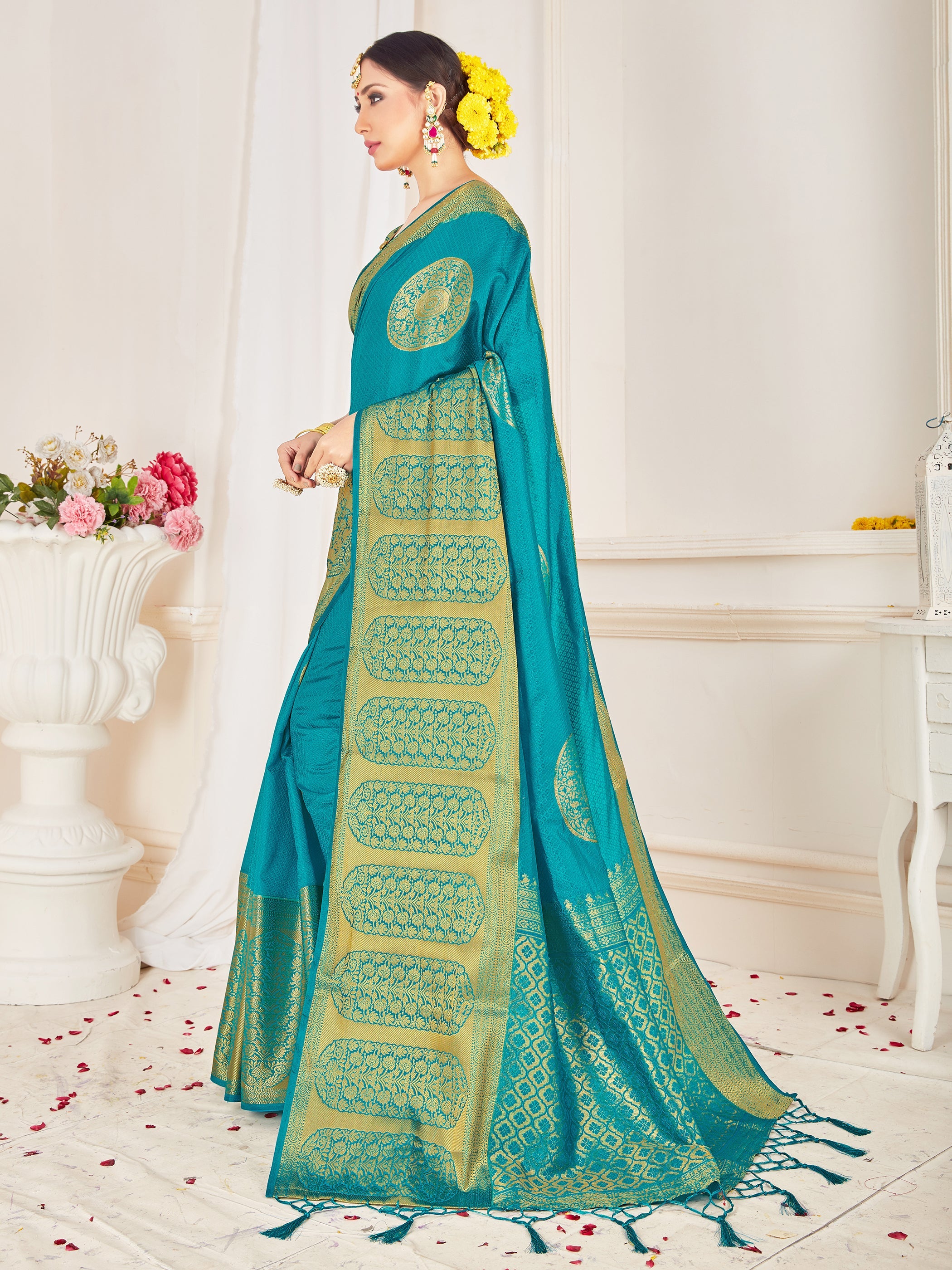 Teal Banarasi Art Silk Woven Saree